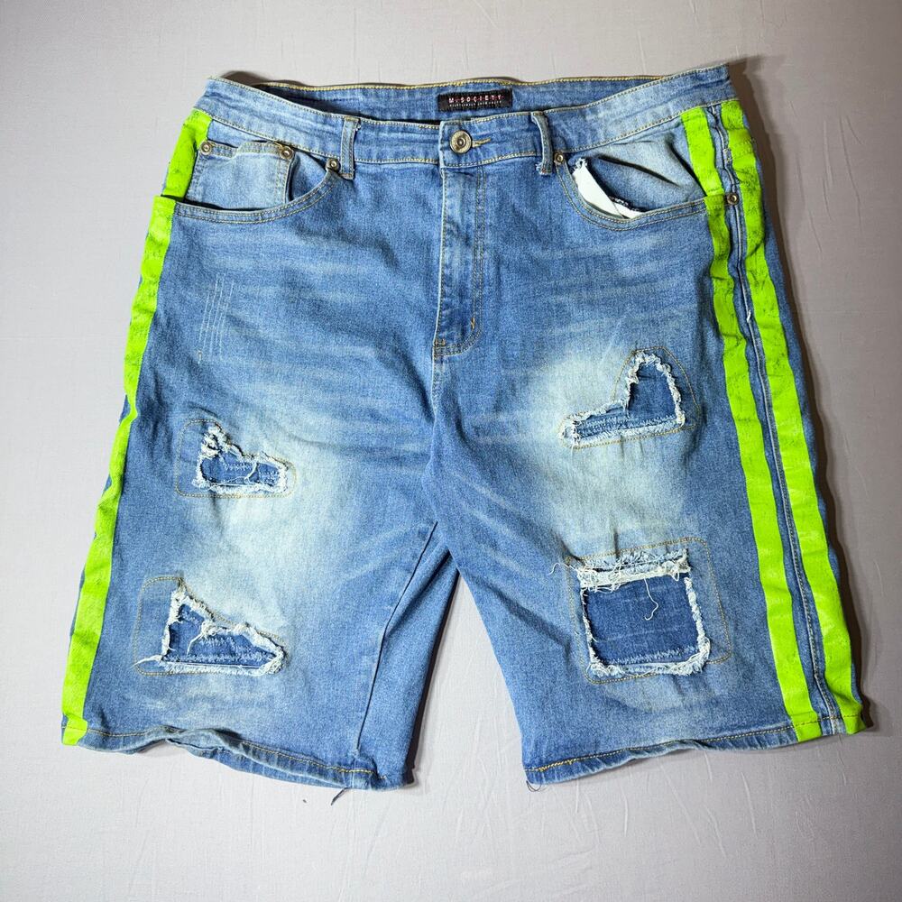 M. Society Men's Distressed Denim Shorts Neon Green Stripe Streetwear Size 38